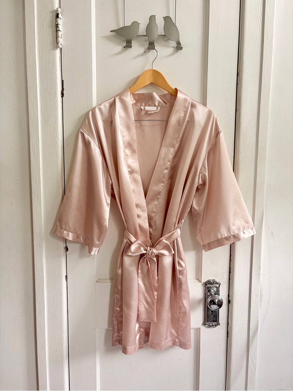 Women's Satin Kimono Robe in Blush Pink with Self-Tie Belt